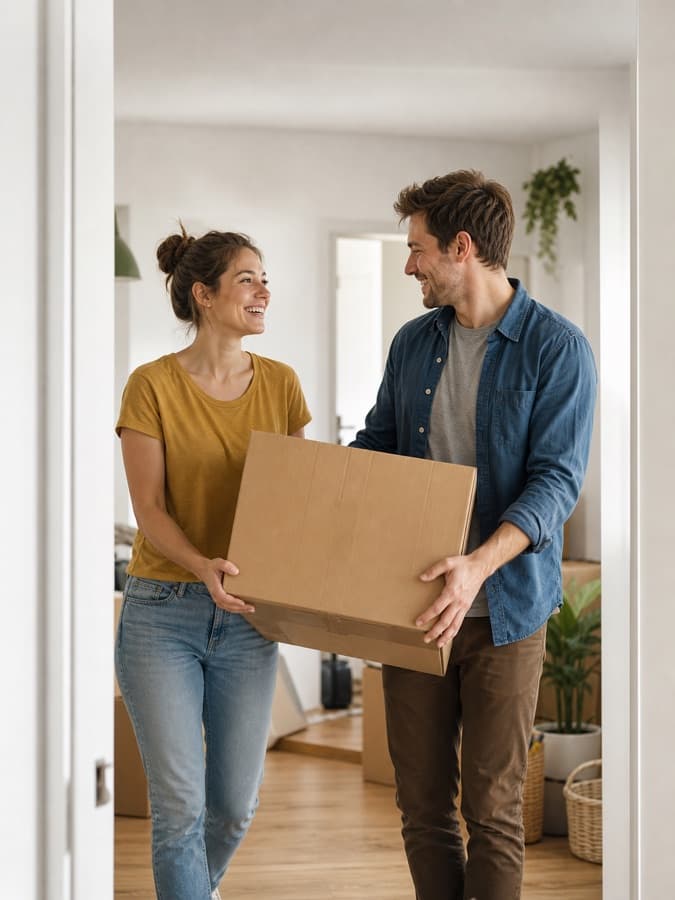 Paar trägt einen Umzugskarton in der neuen Wohnung