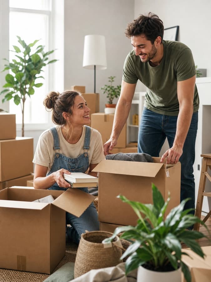 Paar packt Kartons in einer hellen neuen Wohnung aus