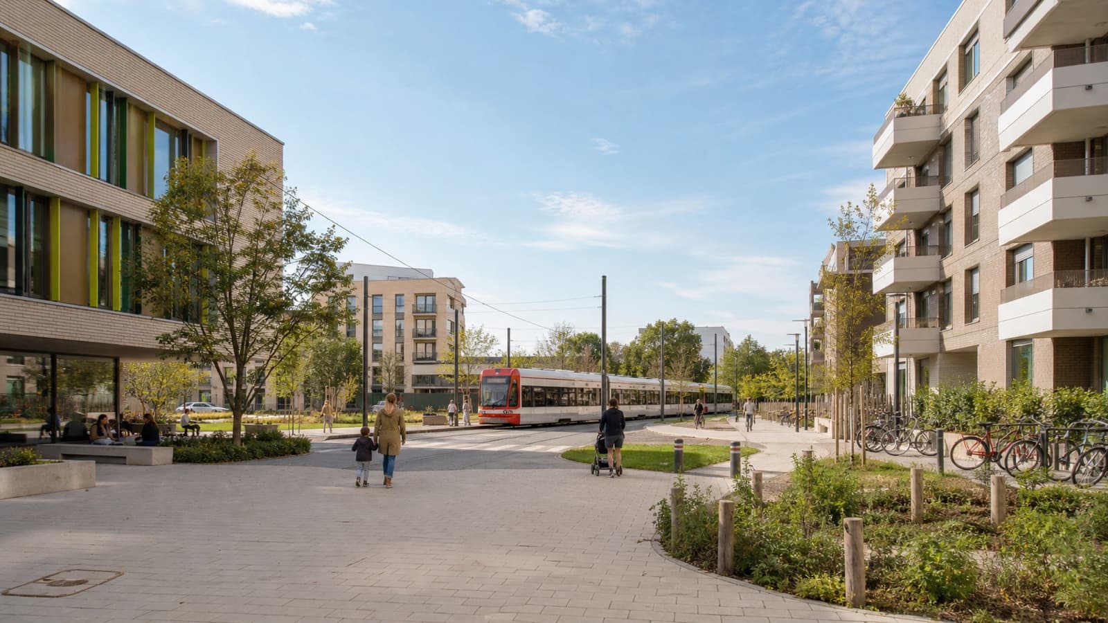Illustration einer modernen Wohnlage in Köln-Ossendorf mit Schule, Neubauwohnungen und Stadtbahn