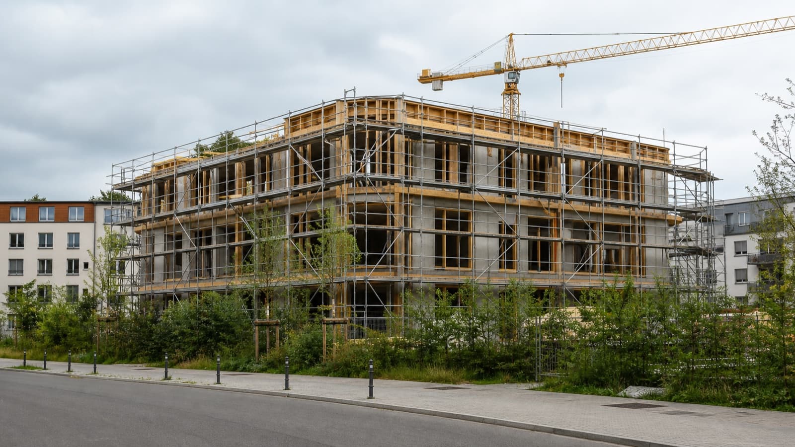 Gerüsteter Rohbau einer genossenschaftlichen Wohnbaustelle in Berlin